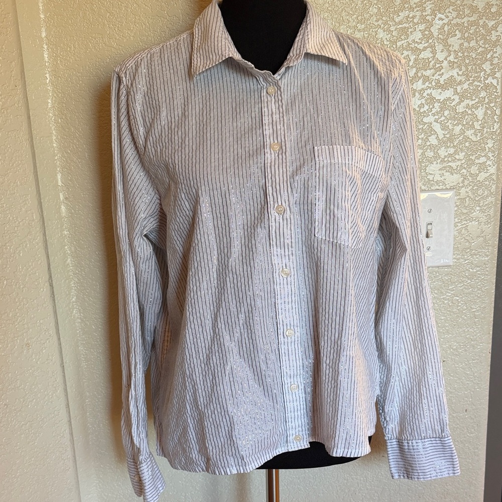 GAP Women's Silver and White Striped Button Down Shirt